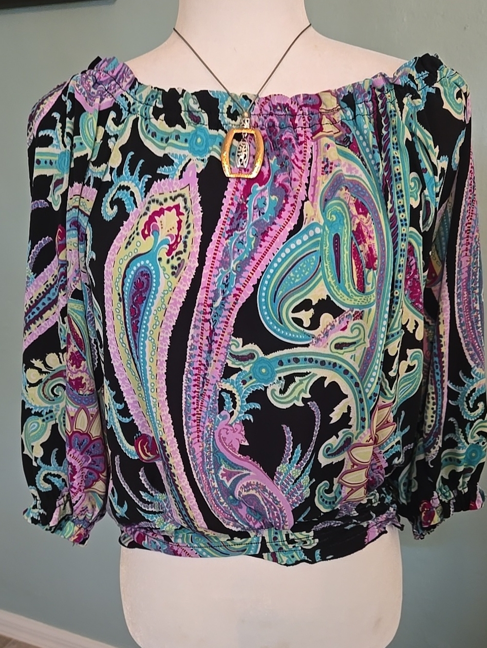 INC International Concepts Off-Shoulder Paisley Blouse in Black, Teal & Purple